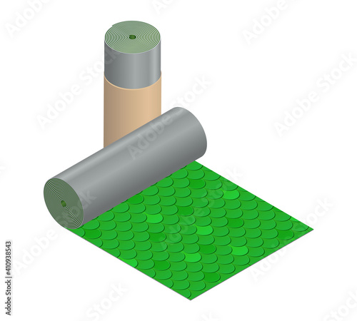 Isometric vector illustration roll green shingles bitumen roofing cover isolated on white background. Realistic shingles for roof covering vector icon in flat cartoon style. Construction material.