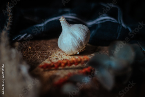 Garlic on a rustic chopping board