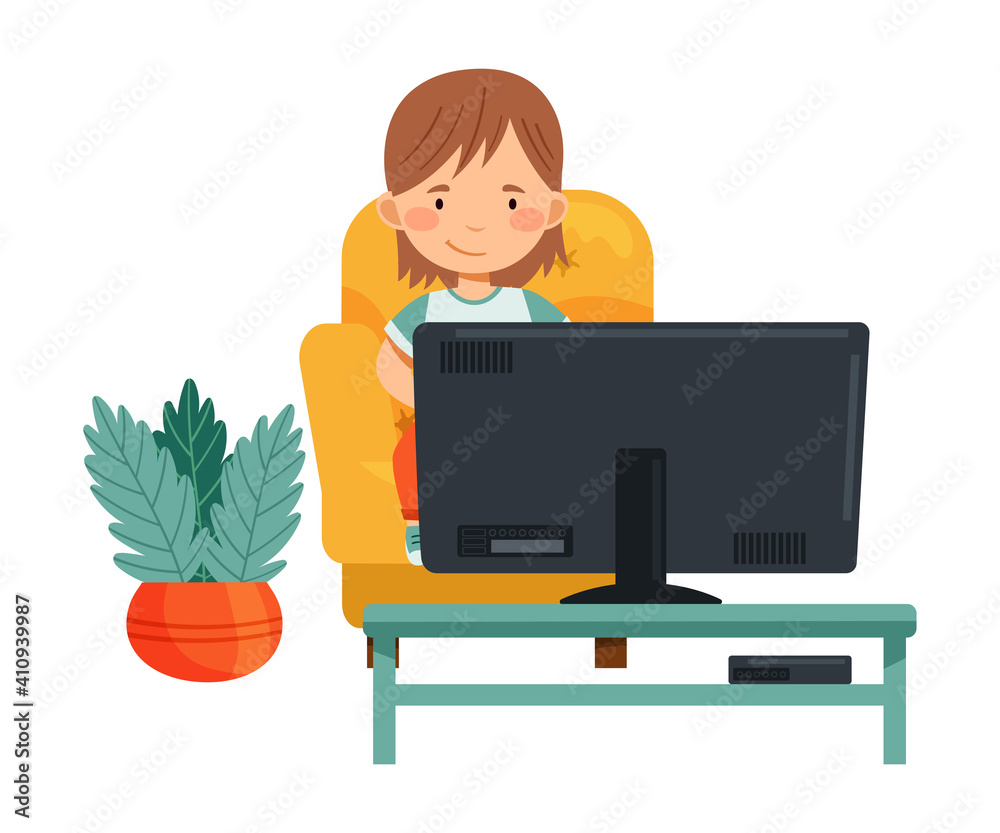 Little Girl Sitting in Armchair Watching Cartoon Film on TV Vector Illustration