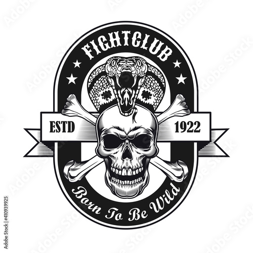 Fight club symbol design. Monochrome element with skull and king cobra vector illustration with text. Aggression or horror concept for emblems and labels templates