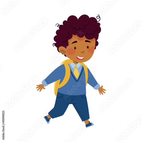 Boy Character Going to School with Backpack Vector Illustration