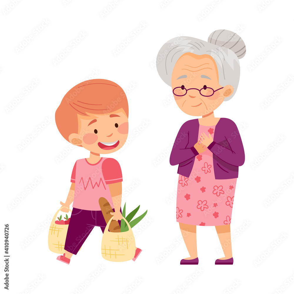 Polite Boy Carrying Shopping Bag Helping Senior Woman Vector Illustration Polite Boy Carrying Shopping Bag Helping Senior Woman Vector Illustration
