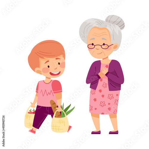 Polite Boy Carrying Shopping Bag Helping Senior Woman Vector Illustration