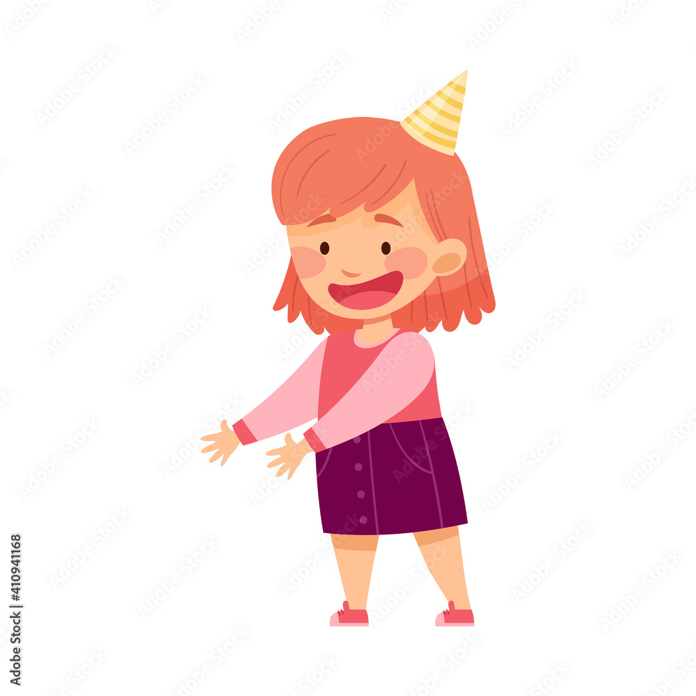 Girl Character with Red Hair Standing in Birthday Hat Vector Illustration Girl Character with Red Hair Standing in Birthday Hat Vector Illustration