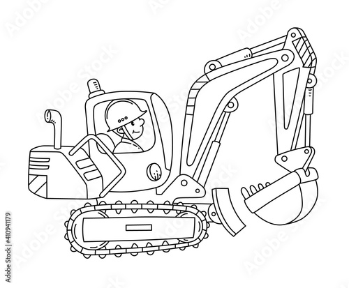 Funny excavator with a driver. Coloring book