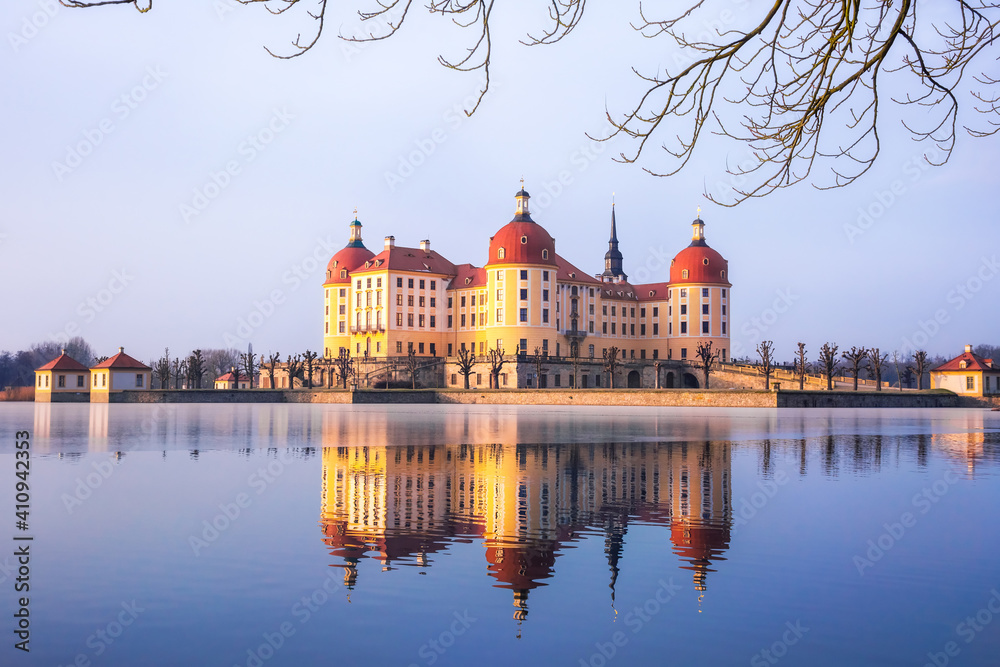 Fototapeta premium Moritzburg castle after sunrise at winter time, Germany