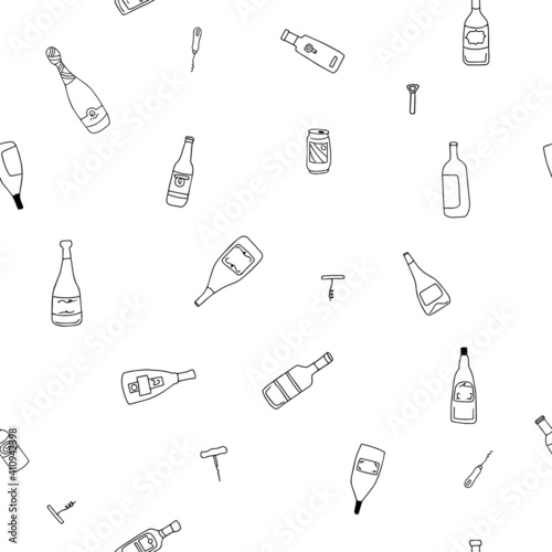 Seamless set of pencil alcoholic doodle drawings. A collection of illustrations hand drawn sketches templates of alcoholic beverages wine whiskey vodka rum champagne for any background