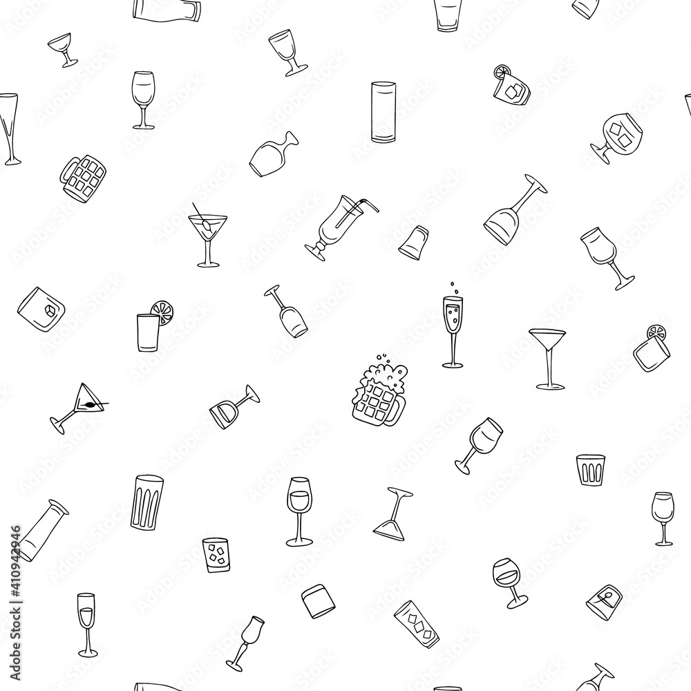 Naklejka premium Seamless set of pencil alcoholic doodle drawings. Collection of illustrations of hand-drawn sketches of templates of alcoholic glasses, glasses and mugs