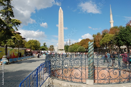 View of the main places and monuments of Istanbul, in Turkey. Hippodrome of Constantinople, or Sultanahmed Square. Obelisk