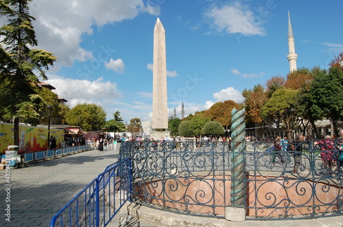 View of the main places and monuments of Istanbul, in Turkey. Hippodrome of Constantinople, or Sultanahmed Square. Obelisk photo