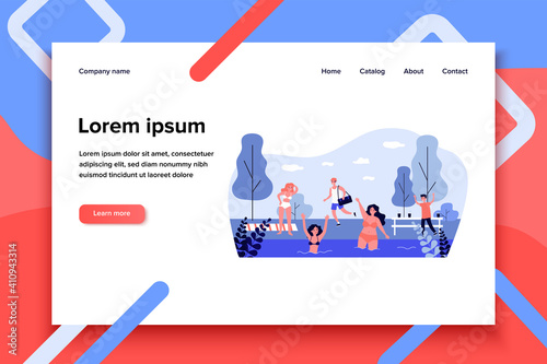 People enjoying recreation on beach. Getting tan, swimming in lake, nature flat vector illustration. Summer, vacation, outdoor activity concept for banner, website design or landing web page