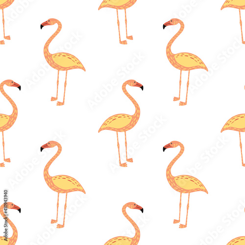 Isolated seamless pattern with beige colored flamingo ornament. White background. Exotic zoo backdrop.