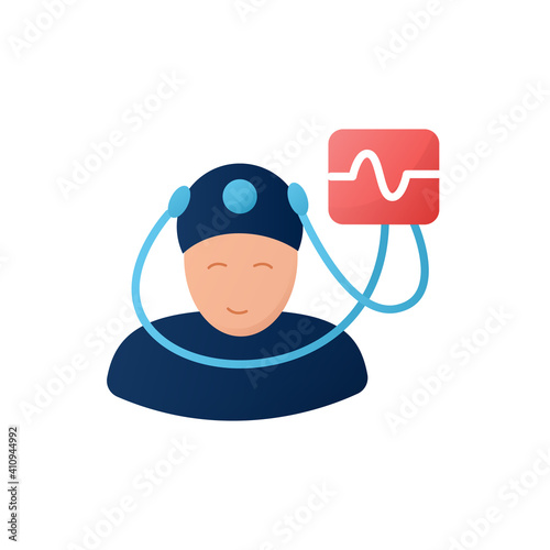 Electroencephalogram flat icon. Brain, sleep examination. Sleep disorder. Healthy sleeping concept. Cerebral problems treatment. Examination during sleep. Color isolated vector illustration 