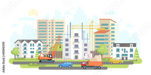 Housing complex under construction - colorful flat design style illustration © Boyko.Pictures