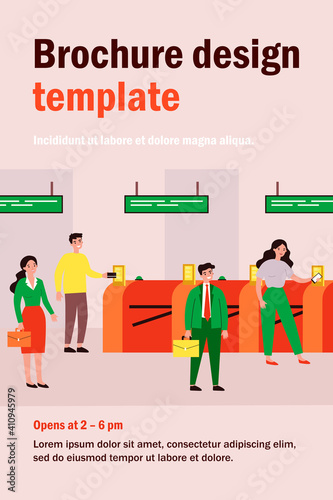 People going through turnstile entrance isolated flat vector illustration. Cartoon passengers standing queue with train tickets near automatic gate in metro. Public transport and subway pass concept