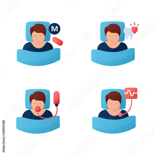  Sleep disorder color icons set. . Healthy sleeping concept. Symptoms and types disorders sleep. Falling asleep trouble. Stress. Health care. Color isolated vector collection  photo