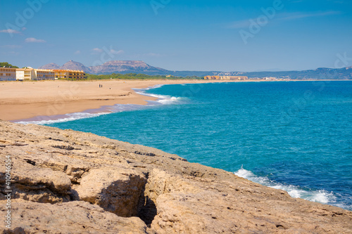 View from Punta Espinuda the beach of Pals in the background, Costa Brava, Catalonia, Spain