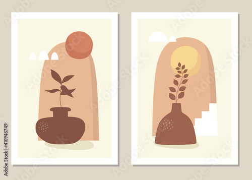 Wall art set. Bohemia. Floral pattern and foliage line with abstract shape. Abstract plant design for print, cover, wallpaper, minimalist and natural wall art. Vector.