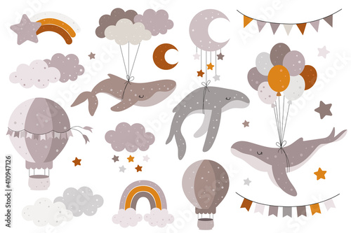 Hand drawn collection with whales, balloons, clouds, rainbows, stars, hot air balloon, bunting for nursery decoration © Alexandra
