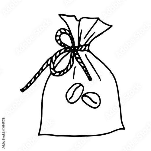 Coffee bag with labels in outline doodle style. Vector illustration for cafe, restaurant, menu.