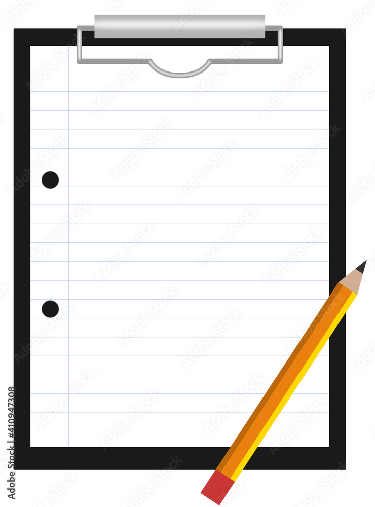 Black clipboard with sheet of lined paper and yellow pencil