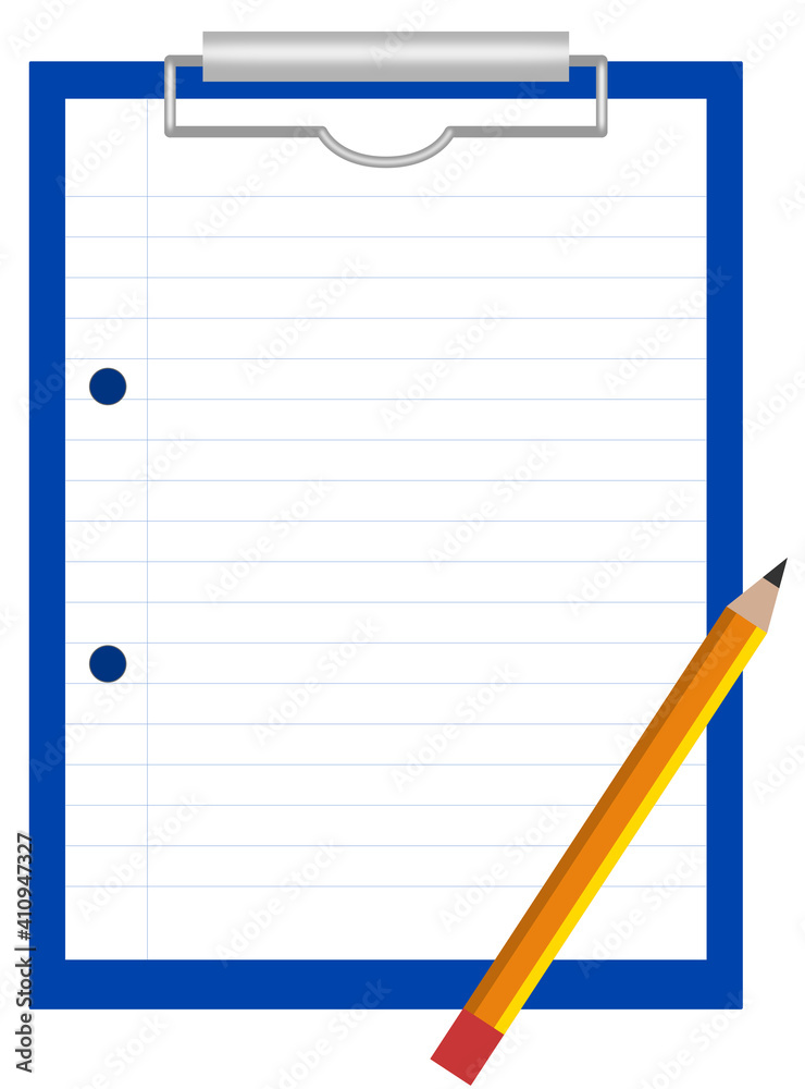 Blue clipboard with sheet of lined paper and yellow pencil Blue clipboard with sheet of lined paper and yellow pencil