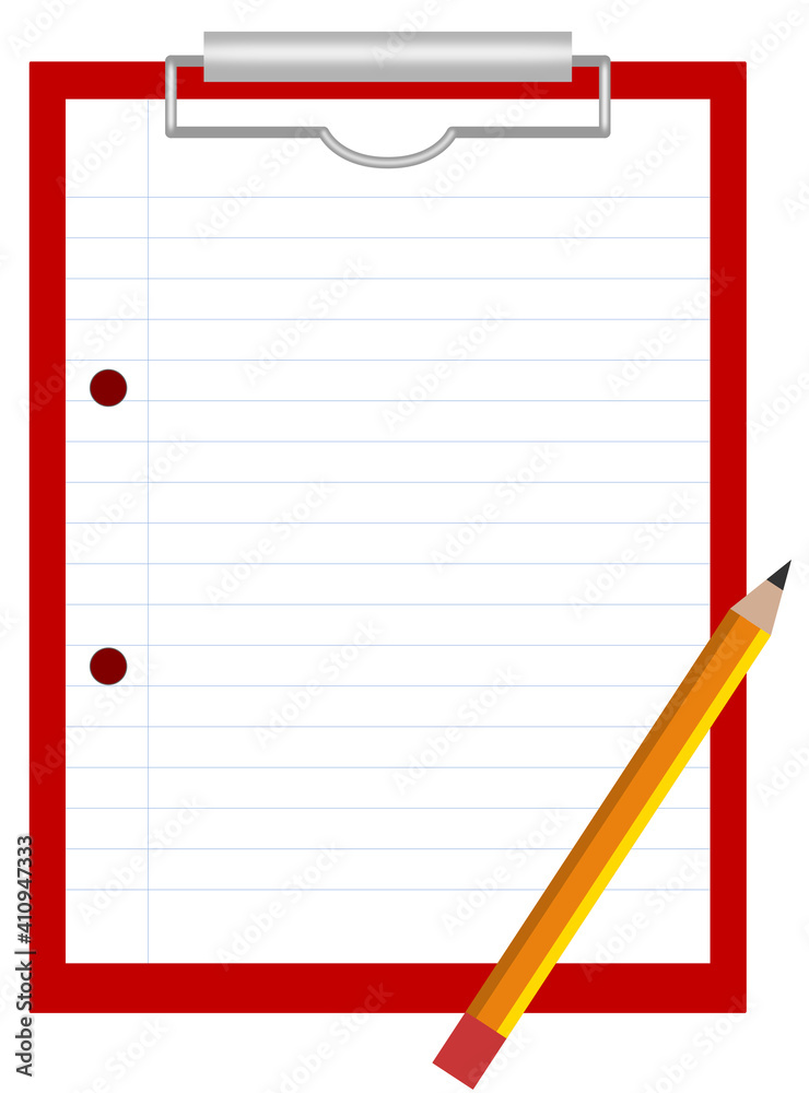 Red clipboard with sheet of lined paper and yellow pencil Red clipboard with sheet of lined paper and yellow pencil