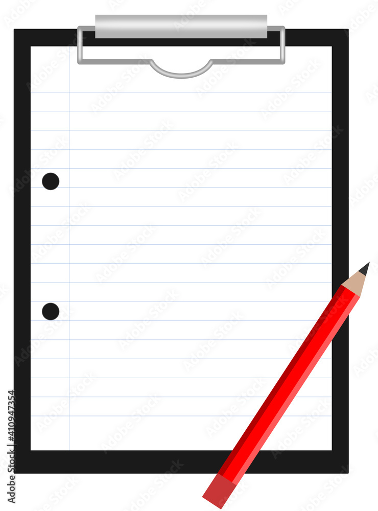 Black clipboard with sheet of lined paper and red pencil Black clipboard with sheet of lined paper and red pencil