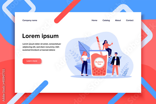 People with plastic cup of bubble milk tea. Happy tiny girls and guy drinking pink fruit boba beverage. Vector illustration for refreshment, summer, Asian fresh bar concept