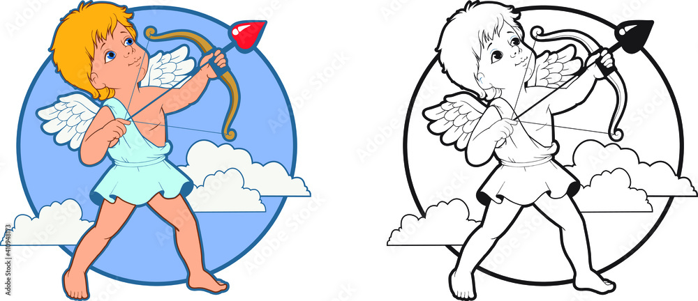 Cupid with bow and arrow Happy Valentine's Day vector illustration isolated clipart. Coloring book for children. Child in cartoon style. Character design for birthday, wedding card or valentine's day Cupid with bow and arrow Happy Valentine's Day vector illustration isolated clipart. Coloring book for children. Child in cartoon style. Character design for birthday, wedding card or valentine's day