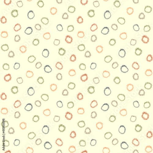 Seamless background with brown, orange, blue and green ornament, bubble and circle.