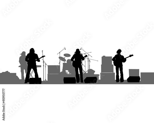 Rock band musicians on stage. Isolated silhouettes on a white background
