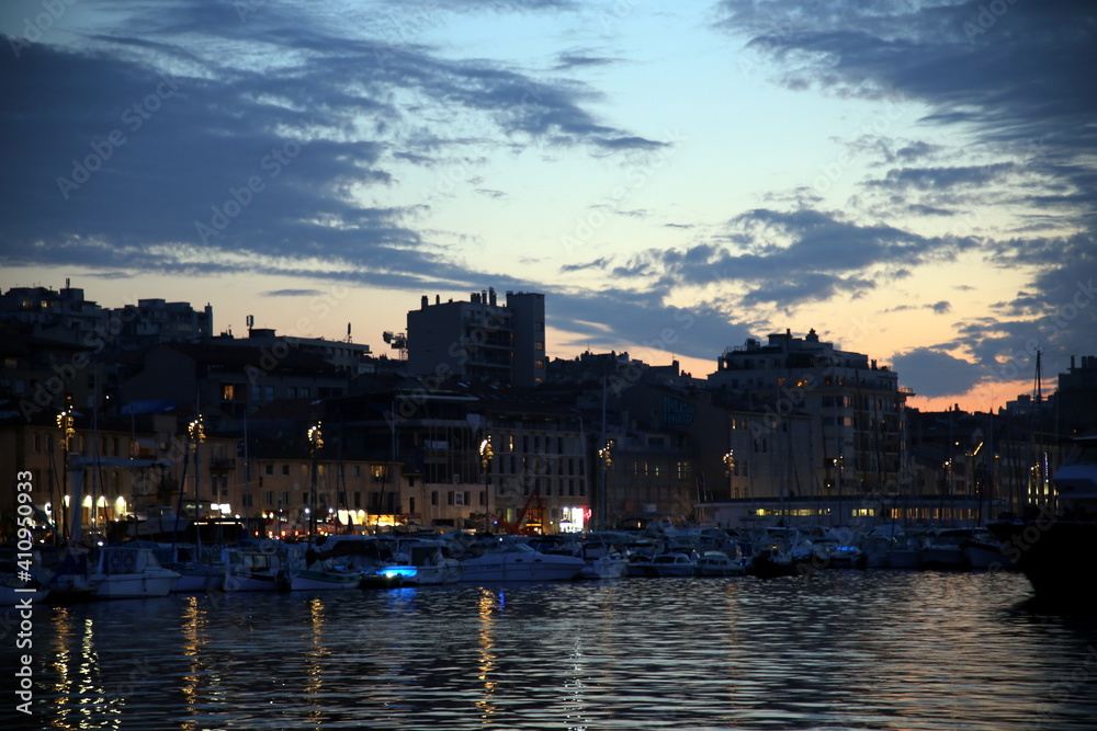 Peace in the evening in the harbor with moored boats, Vieux Port, Marseille, France