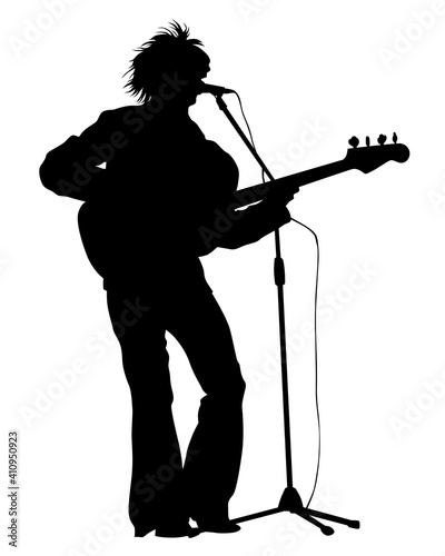 Rock band musicians on stage. Isolated silhouettes on a white background