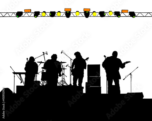 Rock band musicians on stage. Isolated silhouettes on a white background
