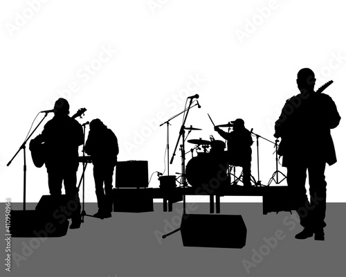 Rock band musicians on stage. Isolated silhouettes on a white background