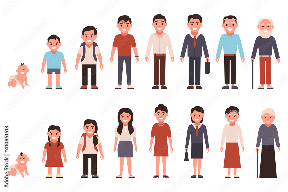 Different age of the person. Cartoon image. Generations. Vector illustration on isolated background Different age of the person. Cartoon image. Generations. Vector illustration on isolated background