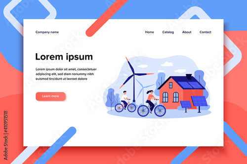 People riding bikes by windmills and solar power station. Flat vector illustration for eco friendly technology, transport, renewable energy, sustainable development concept