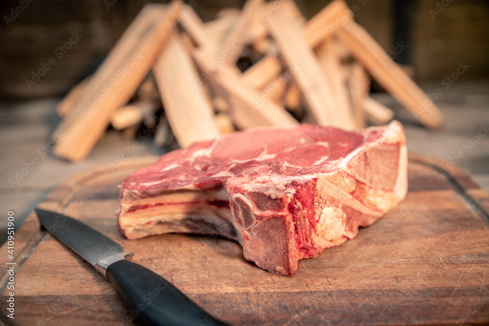 Closeup of a beautiful italian steak ready to be cooked on a barbeque. Appetizing piece of meat next to a pyre of firewood ready to be set on fire. Bbq, recreation, picnic, outdoors cooking concept.