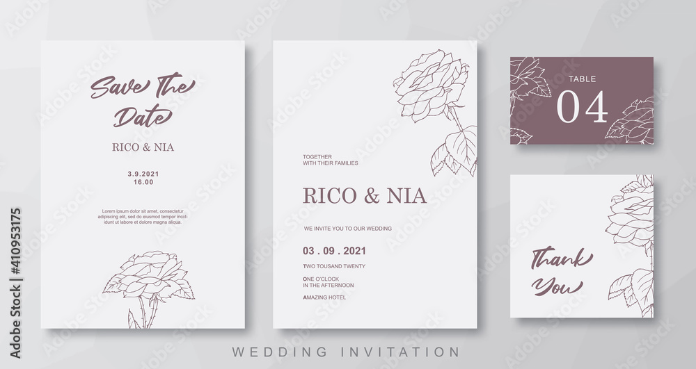 Brown floral line art wedding invitation template design