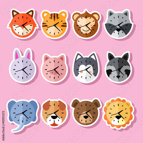 Collection of cute clock animal character. All elements are isolated. Colorful hand drawn vector illustration.