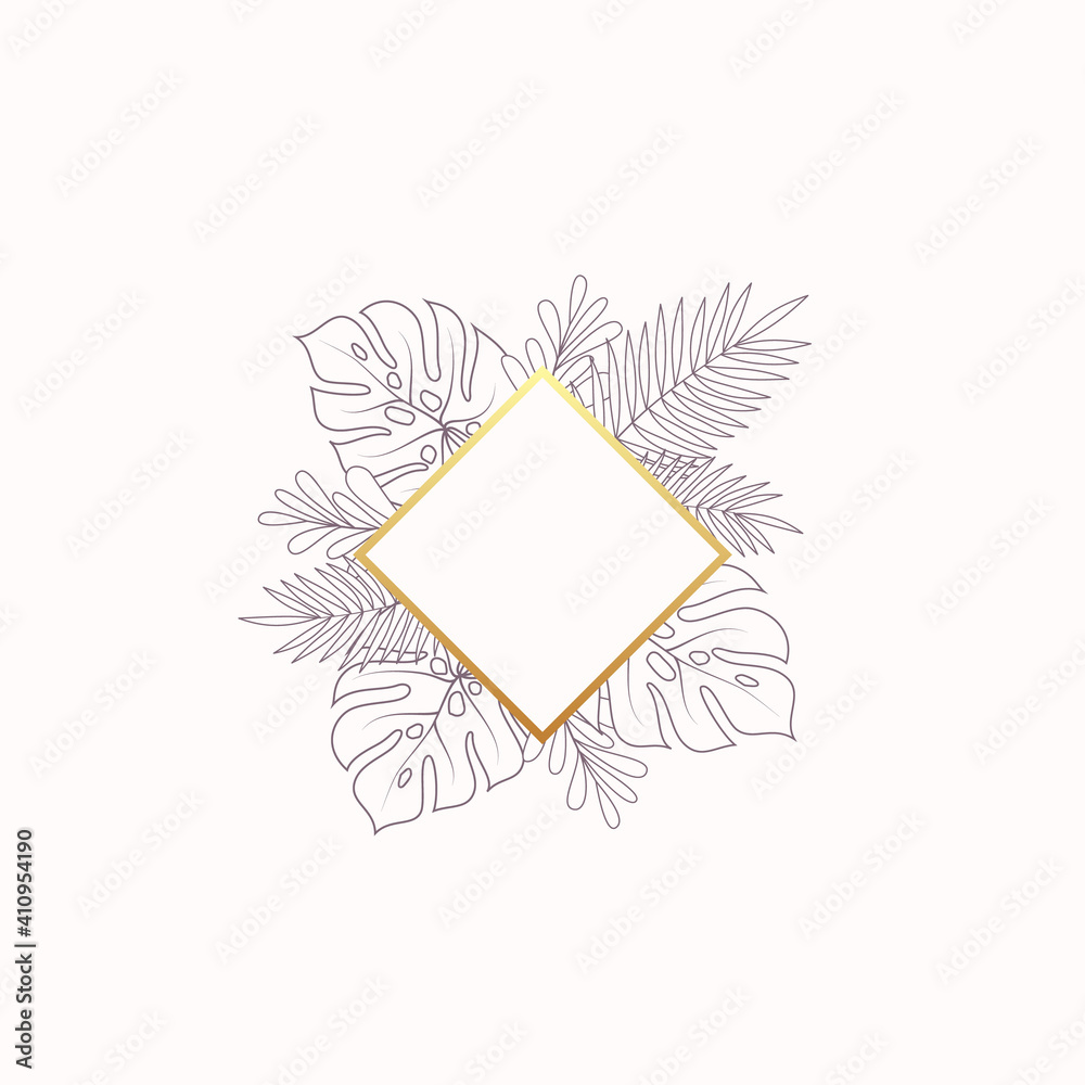 Monstera and Fern Tropical Leaves Blank Banner or Label Template. Abstract Foliage with Rhombus Golden Frame. Good for Wedding or Party Invitation, etc. Isolated Monstera and Fern Tropical Leaves Blank Banner or Label Template. Abstract Foliage with Rhombus Golden Frame. Good for Wedding or Party Invitation, etc. Isolated