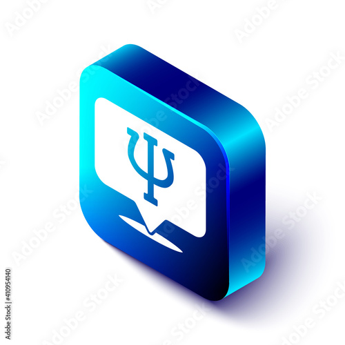 Isometric Psychology icon isolated on white background. Psi symbol. Mental health concept, psychoanalysis analysis and psychotherapy. Blue square button. Vector.