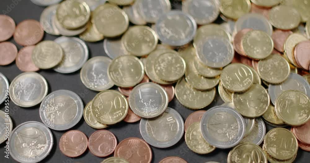 Panning over Euro Coins, Currency of European Member states, different Coins from 2 Euro to 1 Cent Panning over Euro Coins, Currency of European Member states, different Coins from 2 Euro to 1 Cent