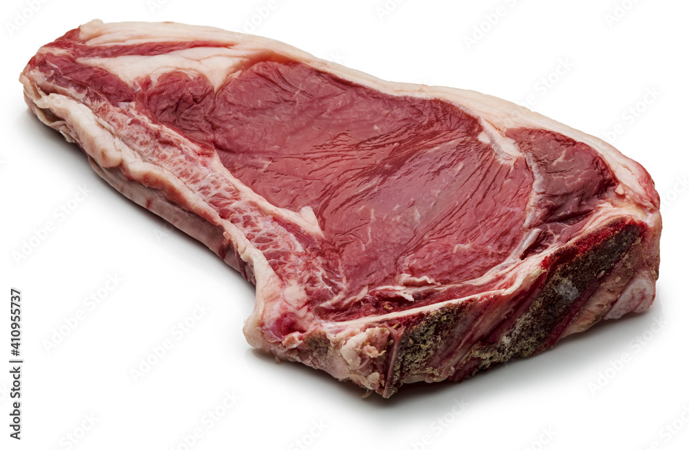 Raw red beef cutlet (heifer, veal). Isolated on white background. Raw red beef cutlet (heifer, veal). Isolated on white background.