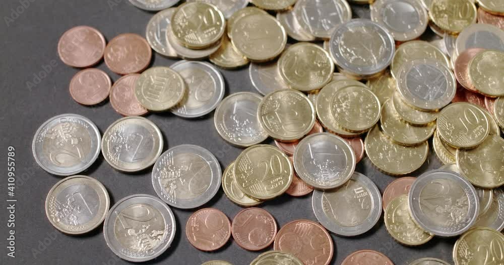 Panning over Euro Coins, Currency of European Member states, different Coins from 2 Euro to 1 Cent Panning over Euro Coins, Currency of European Member states, different Coins from 2 Euro to 1 Cent