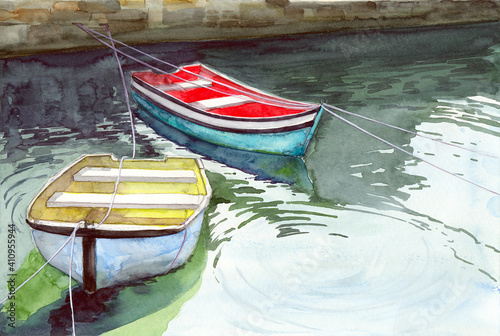 Watercolor illustration of two colorful fishing boats at the pier with their reflections in the emerald sea water photo