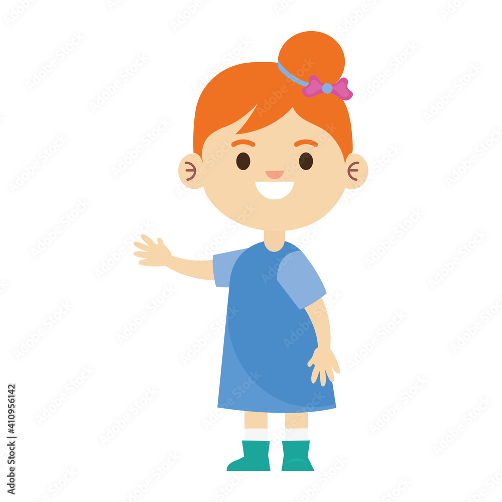 happy little young girl with blue dress character vector illustration design