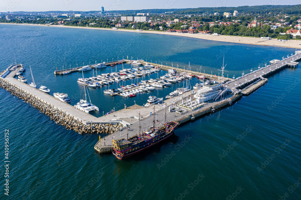 Marina and pier in Sopot aerial view