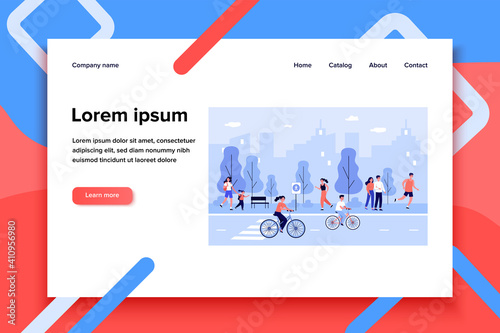 People on city street. Happy young men and woman walking outdoors, riding bikes down urban road, spending weekend in park. Vector illustration for lifestyle, summer outdoor activities concept